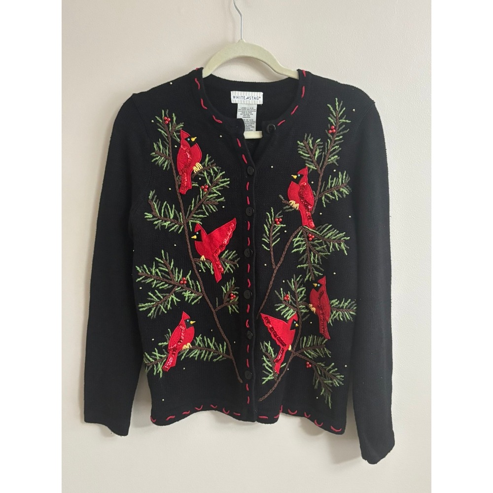 Vintage 90s Cardinal Embroidered Cardigan Sweater Black Christmas Small 4-6